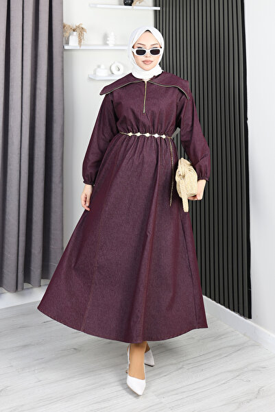 PIOVE Rochie Hijab pentru femei – Rochie lungă cu curea și detaliu cu fermoar