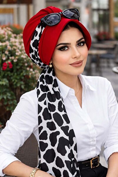 Aişe tesettür Καπέλο-μπόνε με σχέδιο από κόκκινο μάρμαρο και φουλάρι