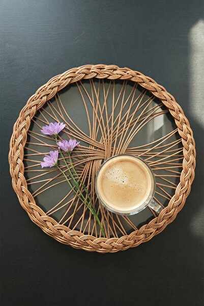 Akanart Studio Round Presentation Tray with Glass Base and Rattan Frame – Wic...