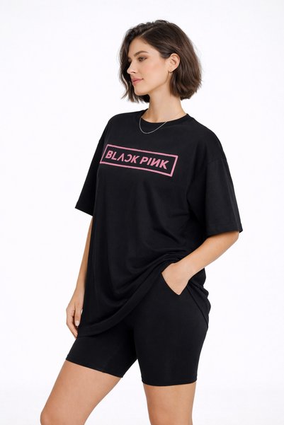 Lizbon Style Women's Oversize T-Shirt 100% Cotton Comfortable Fit Printed T-Shirt Black