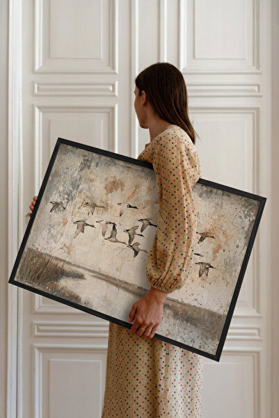 STARYUNA Μαύρο ξύλινο πλαίσιο με ιπτάμενα πουλιά και αφηρημένο τοπίο φύσης, ε...