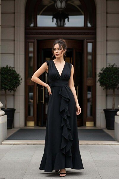 Mossta Rochie lungă din crep, cu guler dublu și volane în față - Negru