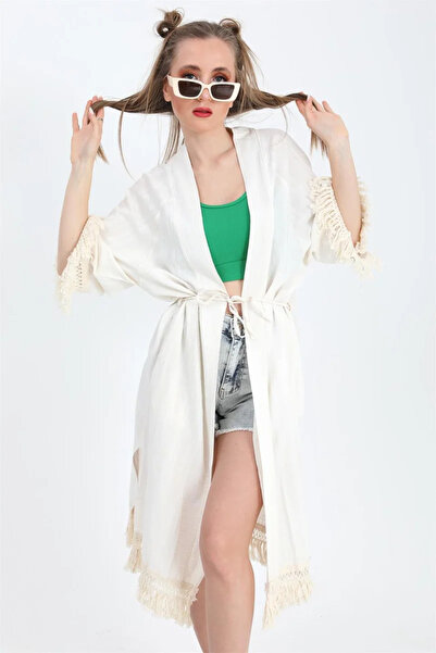 VELİZADE Women's Ecru Palm Tree Printed Summer Casual Tassel Detailed Viscose...