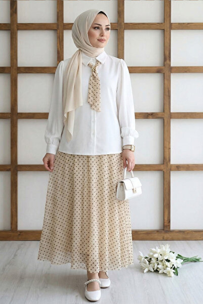 TrendParis Σετ μπλούζας και φούστας από σιφόν με πουά και μαντήλι σε μπεζ χρώμα