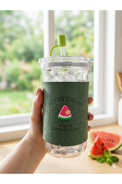 CAGA Pinterest 750 ml Glass Straw Cup | With Lid | Cold Coffee Smoothie Presentation Cup with Suede Case