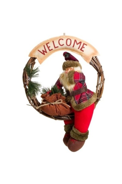 Winter Christmas Wreath with Santa Claus, Welcome, Red/Brown, 40 cm