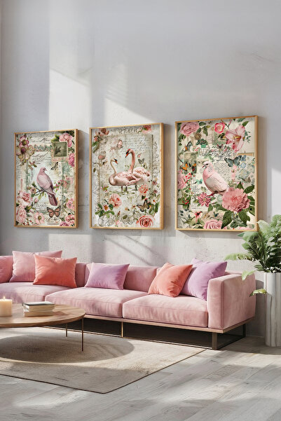 STARYUNA Σετ τριών πινάκων με ξύλινο πλαίσιο και θέμα λουλούδια και πουλιά Uc...