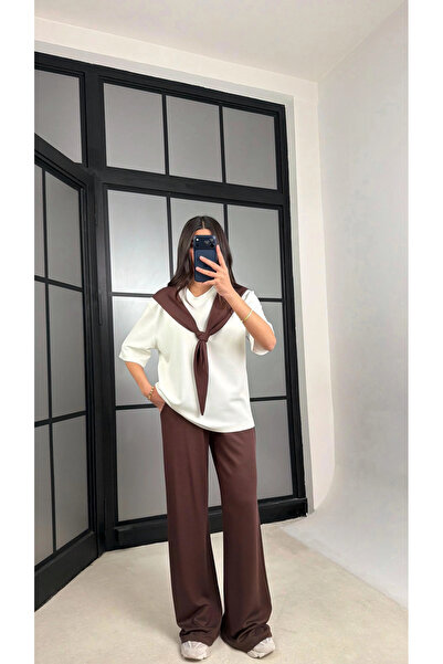 Miss Beyoğlu Γυναικείο Σετ Φόρμας με Λεπτομέρεια Σάλι, Βασικό Μπλουζάκι, Παντ...