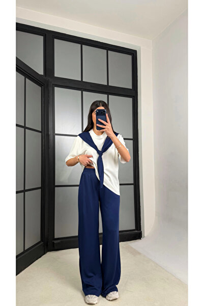 Miss Beyoğlu Γυναικείο Σετ Φόρμας με Λεπτομέρεια Σάλι, Βασικό Μπλουζάκι, Παντ...