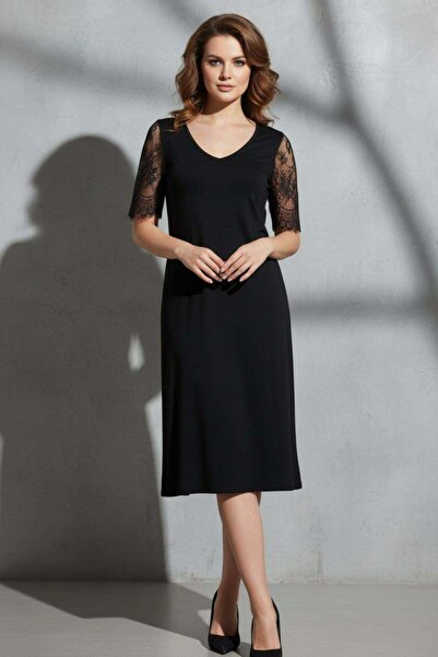 Mossta Φόρεμα μίντι βισκόζης με λεπτομέρεια από δαντέλα και λαιμόκοψη V - Μαύρο