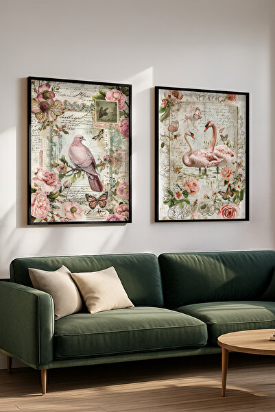 STARYUNA Vintage Σετ ζωγραφικής με λουλούδια, πουλιά και φλαμίνγκο με μαύρο ξ...