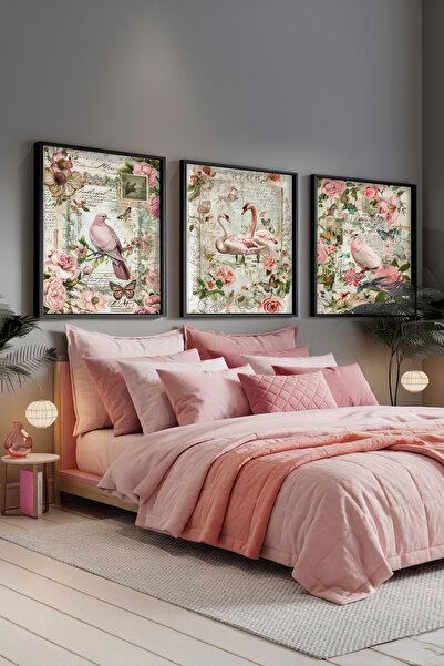 STARYUNA Σετ τριών πινάκων με θέμα λουλούδια και πουλιά, με μαύρο ξύλινο πλαί...