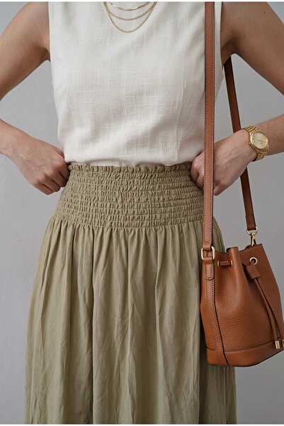 LİNDALİNA TEKSTİL Women's High Waist Crinkled Skirt with Elastic Waistband