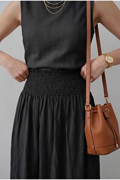 LİNDALİNA TEKSTİL Women's High Waist Crinkled Skirt with Elastic Waistband