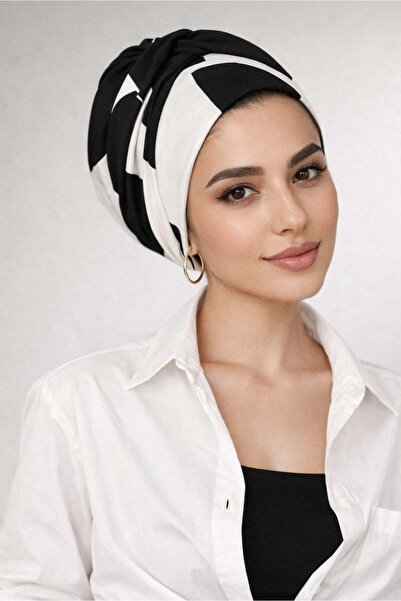 Aişe tesettür Μαύρο και λευκό καπέλο με γεωμετρικά σχέδια και στριφτή ταινία