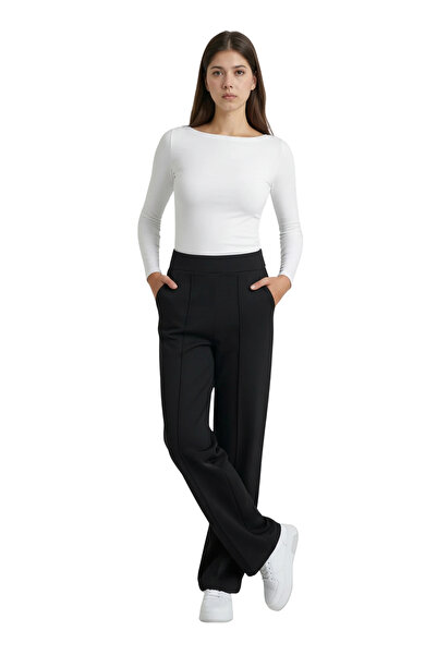 MetuCA Women's Black High Waist Draped Crepe Trousers with Flexible Wide Legs