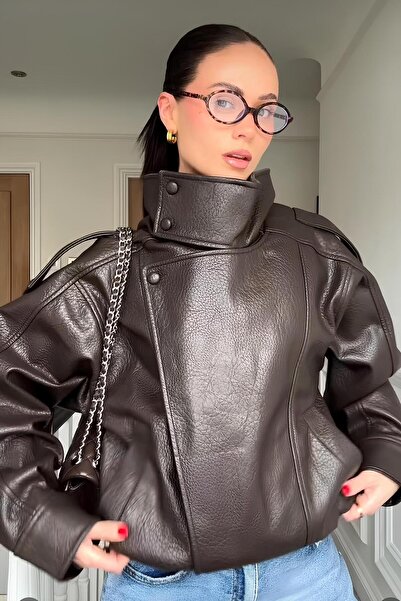 moda armanc Γυναικείο δερμάτινο μπουφάν ZR Model Oversize Viral με ψηλό γιακά...