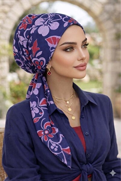 Aişe tesettür Λακί Μπορντό Κασκόλ με Σχέδιο Λουλουδιών και Καπέλο