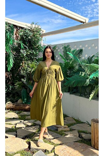 Nida Boutique Derin V Yaka Göğüs Bağlama Detaylı Astarlı Beli Lastikli Çilek ...