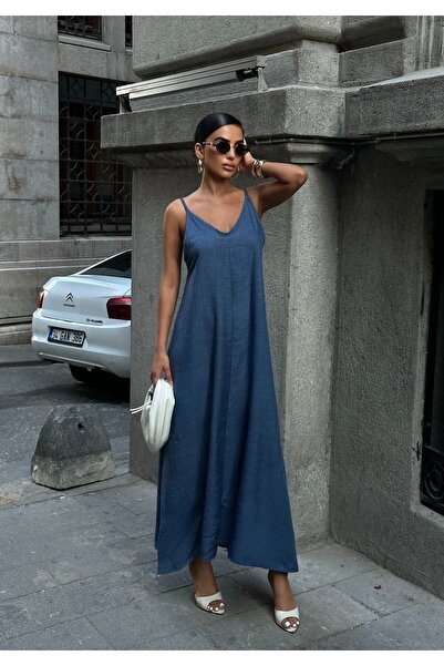 Les Séduisantes c.a. Λινό φόρεμα με ρυθμιζόμενο λουράκι και μακρύ γιακά Degaje