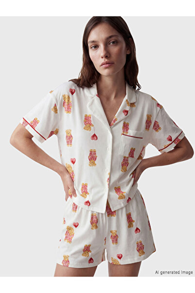 LC Waikiki Σετ γυναικεία σορτς πιτζάμες με σχέδιο αρκουδάκι σε εκρού από την ...