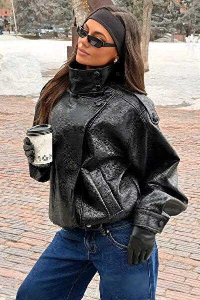 moda armanc Γυναικείο μαύρο δερμάτινο μπουφάν με ψηλό γιακά, μοντέλο ZR Overs...