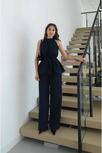 Havoş Σετ Μπλούζα-Παντελόνι σε Σκούρο Μπλε με Λεπτομέρεια Δεσίματος