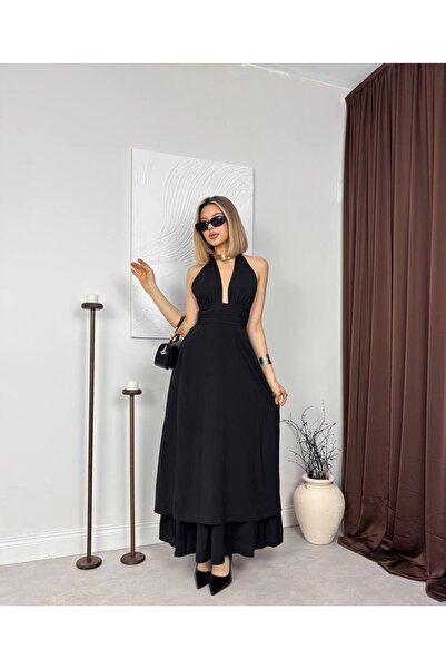 Miss Beyoğlu Γυναικείο μακρύ φόρεμα Paris με δέσιμο στο λαιμό και ανοιχτή πλάτη