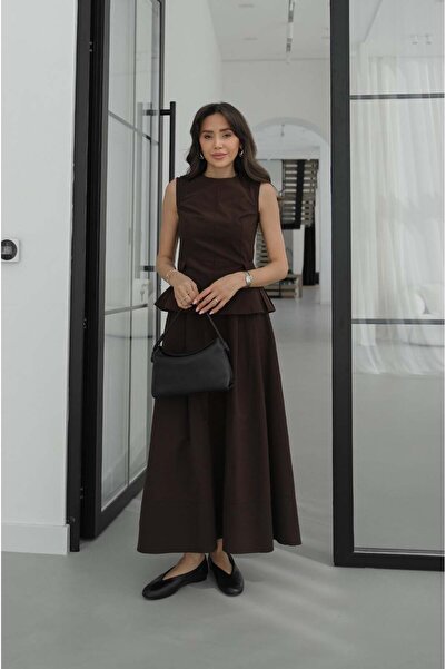 Havoş Καφέ Σετ Φούστας-Μπλούζας με Λεπτομέρεια Πιέτες