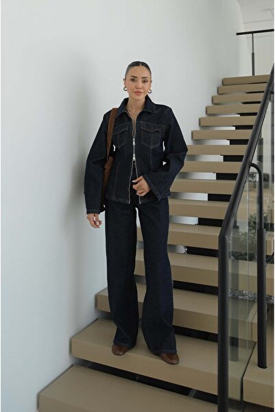 Havoş Σκούρο μπλε ναυτικό σετ τζιν με μπουφάν με φερμουάρ μπροστά και παντελόνι