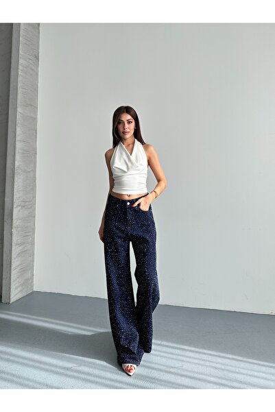 Nes Moda Kadın Premium Taşlı Denim Jeans Pantolon