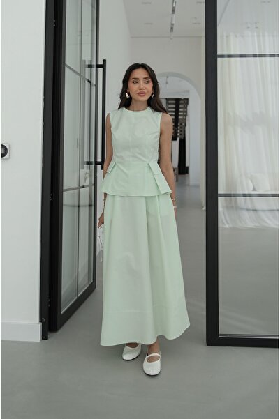 Havoş Πράσινο Σετ Φούστας-Μπλούζας με Πιέτες