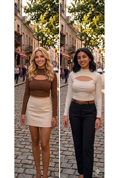 modaselda Kadın Tişört kırem -kahverengi 2"li paket %100 pamuk uzunkollu