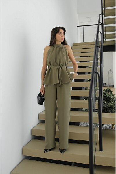 Havoş Σετ Παντελόνι και Μπλούζα με Λεπτομέρεια Δεσίματος σε Χακί Πελάς