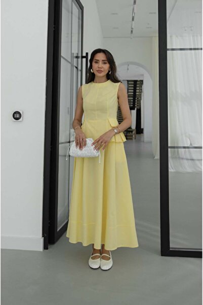 Havoş Κίτρινο Σετ Μπλούζα-Φούστα με Λεπτομέρεια Πιέτες