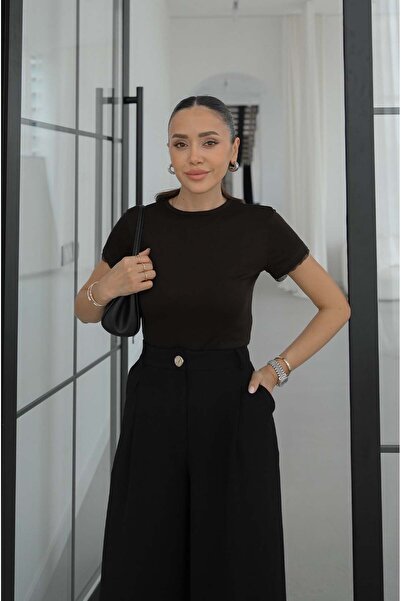 Havoş Καφέ μπλούζα με δαντέλα στις μανσέτες