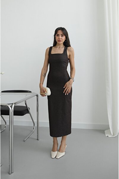 Havoş Καφέ τζιν φόρεμα με τετράγωνο γιακά