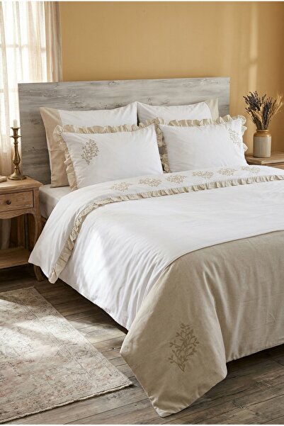 İK TEKSTİL Silva 100% Cotton Embroidered and Ruffled 6 Piece Double Duvet Cov...