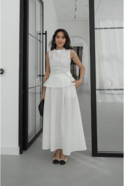 Havoş Λευκό Σετ Φούστας-Μπλούζας με Λεπτομέρεια Πιέτες