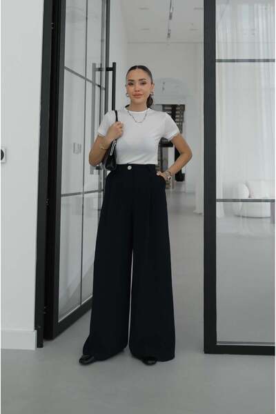 Havoş Μπλε μεταλλικό παντελόνι με κουμπιά και ντραπέ σχέδιο