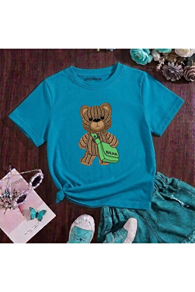 playwear Καφέ Πλεκτό Μπλουζάκι με στάμπα αρκουδάκι 100% παιδικό unisex μπλουζ...