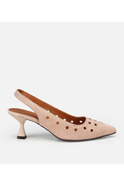 Hotiç Γυναικείο δερμάτινο σουέτ μπεζ διάτρητο στιλέτο με κοντό τακούνι