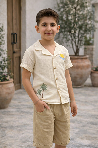 MİNİK DÜŞLER Set pantaloni scurți din in cu broderie pentru băieți