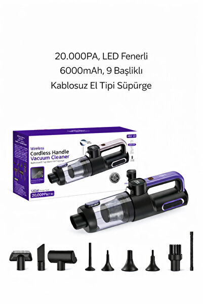 TUROVE 20.000Pa Güçlü Kablosuz El Süpürgesi 6000mAh Şarjlı LED Işıklı Araç İç...