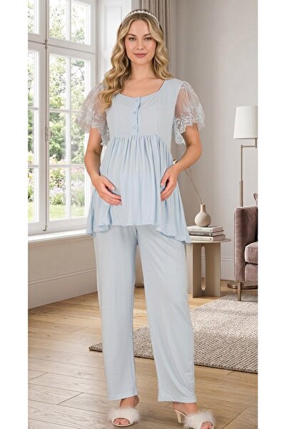 Lohussa New Season Blue Lace Detailed Buttoned Special Design Summer Cotton M...