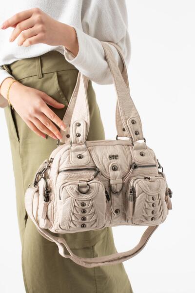 571 Collections Çanta Washed Leather Multi-Compartment Shoulder Bag Beige
