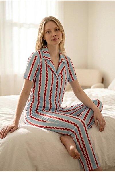 Pijamacs Liora Red Wave Patterned Buttoned Pajama Set
