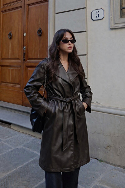 gm giyimarket Νέα σεζόν Γυναικεία Oversize Δερμάτινη Καμπαρντίνα