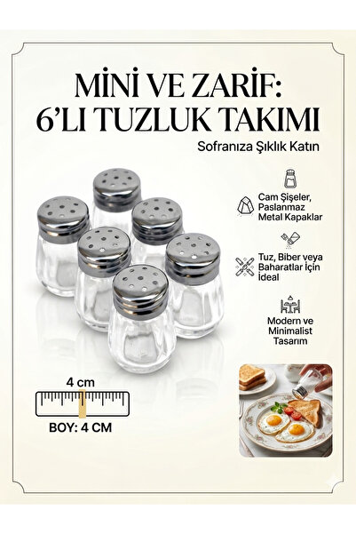tekcamplastik 6'lı Mini Tuz ve Karabiberlik Seti Paslanmaz Çelik Kapak
