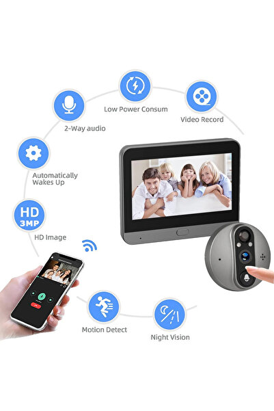 Yellowtech Akıllı Kapı Dürbünü Kamerası 4.3 İnç Ekranlı Gece Görüşlü PIR Sensörlü Tuya Smart WiFi
